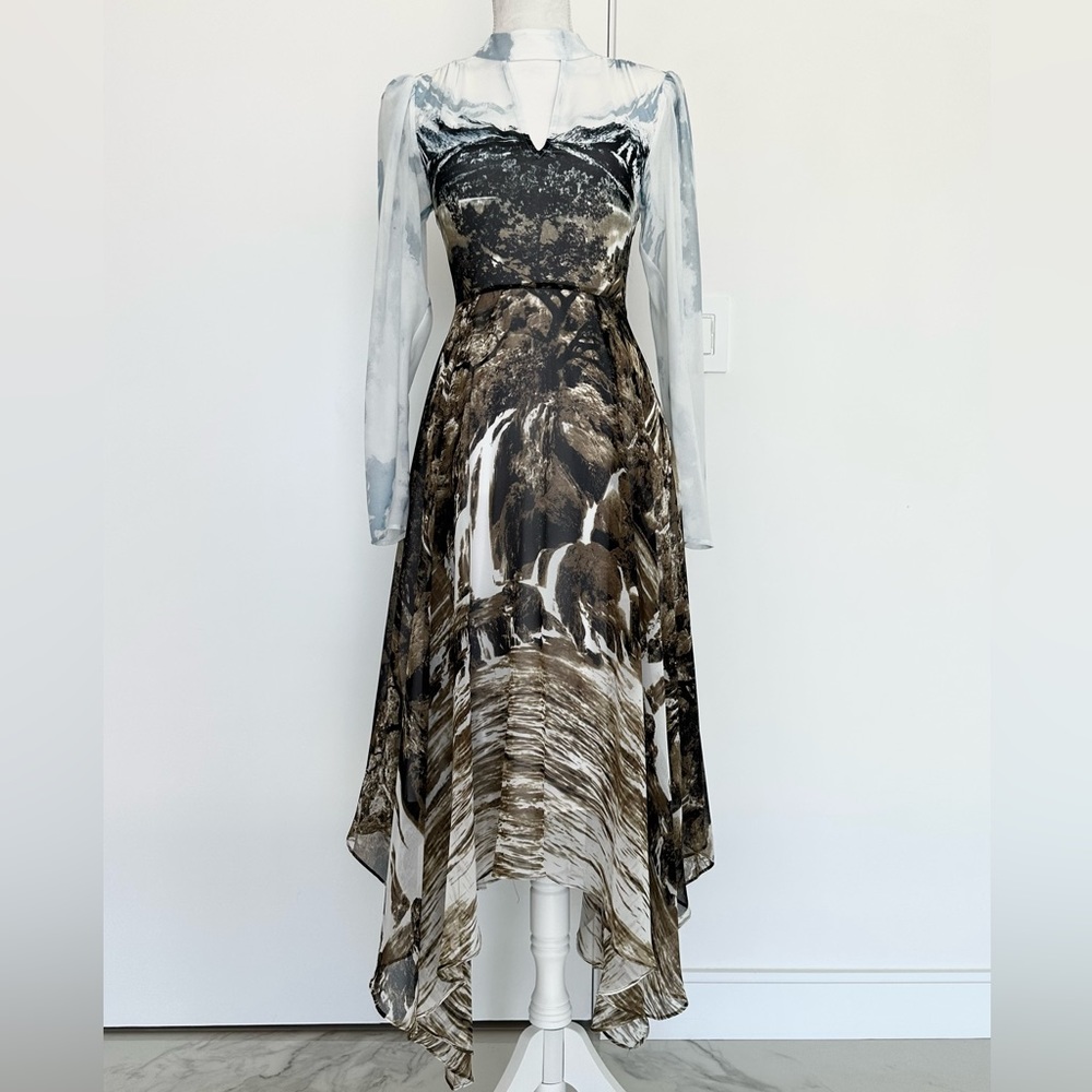 BCBGMaxAzria Long Sleeve Handkerchief Hem Dress in Black, White, Brown